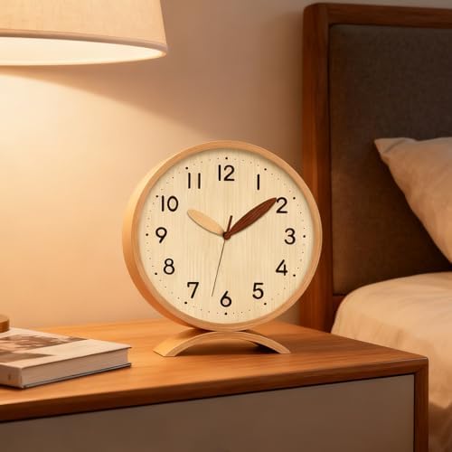 Maxspace Table Clock-8 Inch Silent Non-Ticking Wooden Timepiece Desk Clock, Battery Operated Decor Round Clock for Living Room Office Bedroom Decor (Log - Log) - Image 2
