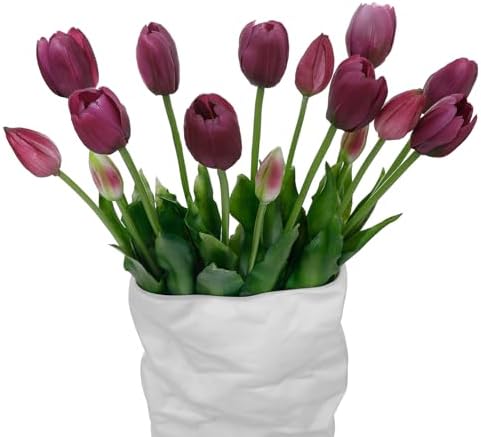 15 Pcs Deep Purple Artificial Tulips Fake Flowers, Premium Latex Lifelike Texture, UV Resistant Waterproof Faux Tulip Bouquets with Snap-on Petals for Outdoor, Home, Wedding Decor by LINSIEARTIFICIALFLOWERS