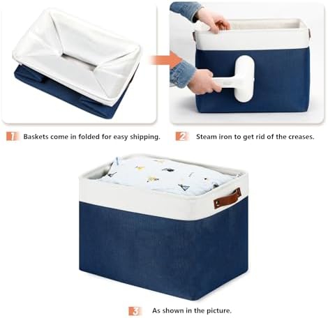 DULLEMELO Large Storage Baskets, Fabric Storage Bins for Organizing Foldable Linen Shelf Baskets for Clothes, Toys, Closet, Laundry (White&Blue,16"x12"x12"-1 Pack) - Image 4