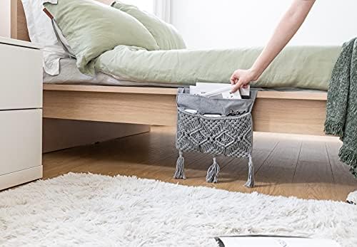 Mkono Macrame Armchair Caddy, Boho Couch Armrest Organizer, 4 Pockets Grey - Image 3
