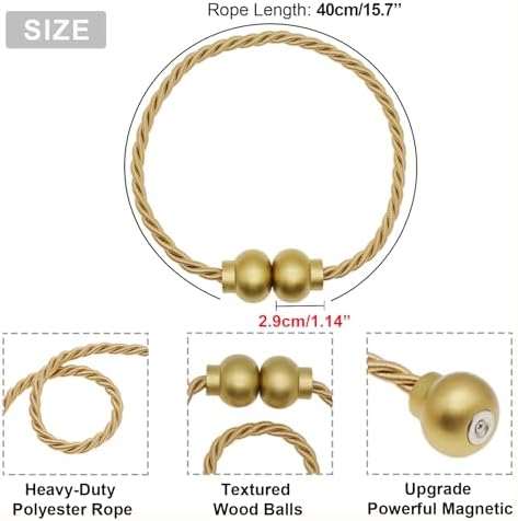 4Pcs Magnetic Curtain Tiebacks Modern Handmade Rope Curtain Tie Backs Gold - Image 3