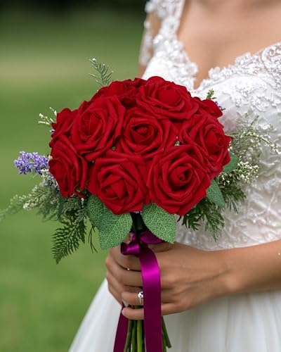 DuHouse 50Pcs Artificial Flowes Foam Roses Real Touch with Stems(Dark Red) - Image 2