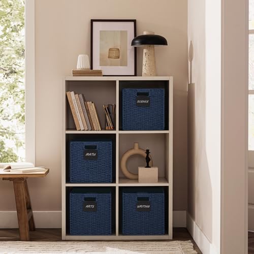 UBBCARE 4 Pack Wicker Basket, 10.5×10.5 Storage Cubes with Label, Foldable Cube Storage Bin with Handle, Square Storage Basket for Shelves, Woven Paper Rope Basket for Organizing, Blue - Image 4