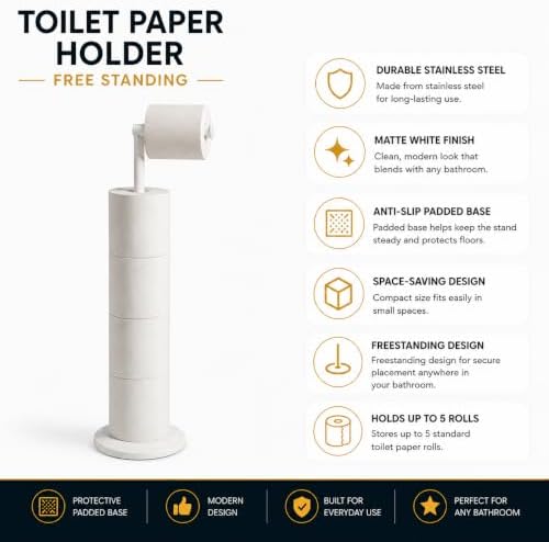 ZISH Toilet Roll Holder Free Standing - Stainless Steel Bathroom Toilet Paper Organizer and Dispenser – No Drill Toilet Roll Stand Freestanding - Up to 5 Toilet Roll Storage, White - Image 2