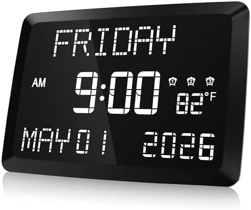 Raynic Digital Clock, 11.5" Large Display Calendar Clock with Day and Date, Indoor Temperature, Adjustable Brightness, Snooze,12/24H, DST for Home, Office, Elderly by Raynic