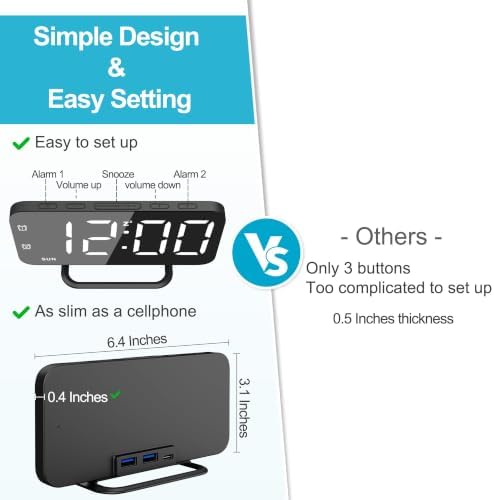 JALL Slim LED Digital Alarm Clock, Mirror Surface for Makeup, with Diming, Large Display, Easy Setting, USB Ports, Modern Decor for Bedroom, Desk, Gift for Women, Sister, College Girl, Black - Image 2