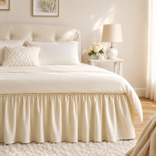 Wrap Around Bed Skirt Queen 15" Drop, Light Beige, Elastic Stay-Put Fit by RIMELABedSkirt