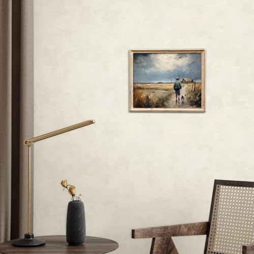 uniro Vintage Fall Landscape Wall Art Boy and Puppy Walking on a Country Lane Retro Autumn Nature Painting Rustic Farmhouse Scenery Prints for Bedroom Bathroom Kitchen Room Decor - 8x10 Unframed - Image 6
