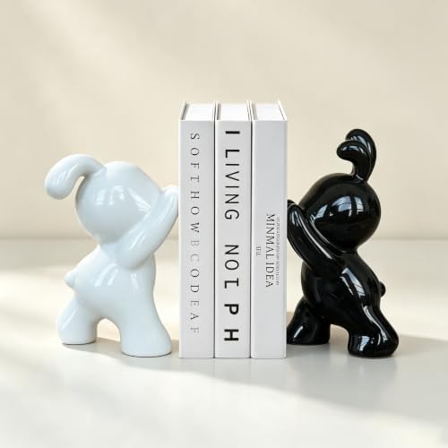 Glossy Ceramic Bunny Bookends Pair, Cute Rabbit Sculpture Book Stoppers, Smooth Shiny Finish Decorative Book Holders for Shelf Tabletop, Minimalist Modern Home Decor Gift for Kids & Book Lovers by DecoVlog