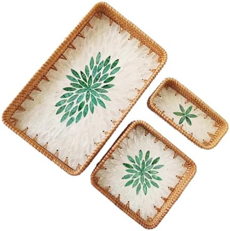 i-lan Set of 3 15" Rectangular Rattan and Mother of Pearl Serving Tray, Green Leaf Pattern Decorative,Boho Rectangule Natural Rattan Woven Trays for Entryway Kitchen Bathroom Counter by ilan