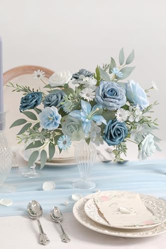 Blue Artificial Flowers Silk Fake Roses Peonies Greenery Combo Box Set for DIY Wedding Bouquets Bridal Shower Centerpieces Floral Arrangements Party Tables Home Decoration - Image 5