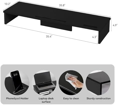 Dual Monitor Stand Riser with Phone Tablet Holder, 35.8in Large Monitor Stand for Desk, Computer Monitor Stand for 2 Monitors, Desk Shelf for Top of Desk, Desktop Organizer for Laptop, Printer, TV - Image 2