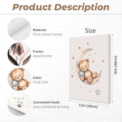 Teddy Bear Nursery Wall Art Decor Baby Boy Girl Room Poster Vintage Nursery Canvas Wall Decor Toddler Kids Room Pictures Cute Bear Neutral Artwork for Bedroom Playroom 12x16x3 Inch Wrapped Canvas - Image 2