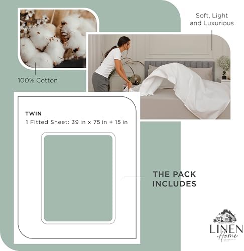 Linen Home 100% Cotton Percale Twin Size Fitted Sheet only, Frosty Green - Image 6