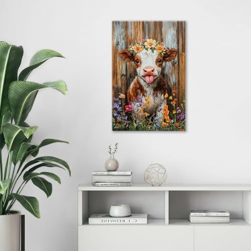 Funny Cow Bathroom Pictures Wall Art, Rustic Brown Cute Cow Bathroom Wall Decor, Farmhouse Floral Framed Painting Animal Flower Canvas Artwork for Bedroom Living Room Decorations 24" L x 16" W - Image 3