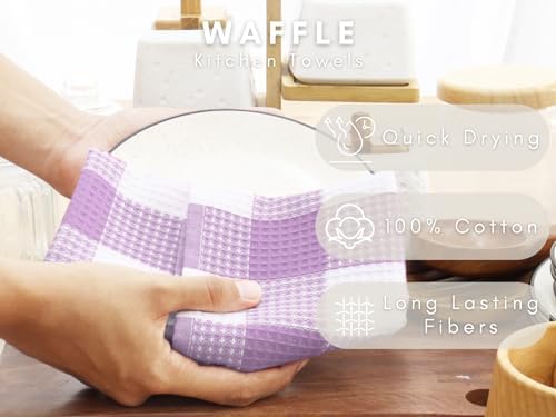Waffle Weave Plaid Dish Cloth, DishTowel 15x25"Set of 4 - Lavender & White - Image 2