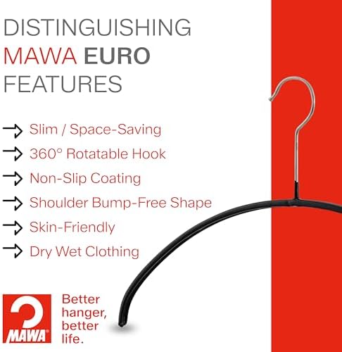 Mawa by Reston Lloyd Euro Series Non-Slip Space Saving Steel Clothes Hanger for Shirts, Dresses, Sweaters, Style 40/P, Set of 10, Black (14118) - Image 2