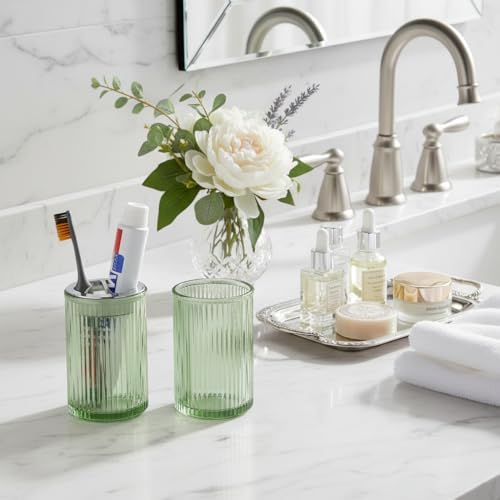 Green Toothbrush Holders for Bathrooms, 2pcs Glass Toothbrush Holder and 12oz Bathroom Tumbler Cup Set, Silver Tooth Brush and Toothpaste Organizer for Bathroom Vanity Countertop - Image 4