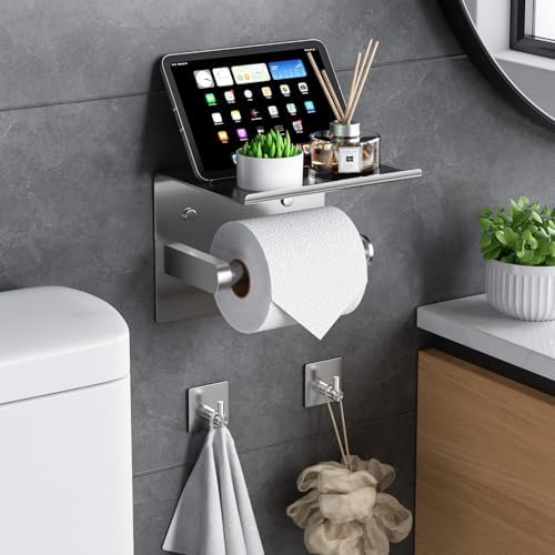 Tindbea Mega Size Toilet Paper Holder with Shelf + Towel Robe Hooks, Adhesive or Screw Wall Mounted Toilet Paper Roll Holder, Stainless Steel Bathroom Hardware Set (Brushed Nickel) - Image 2