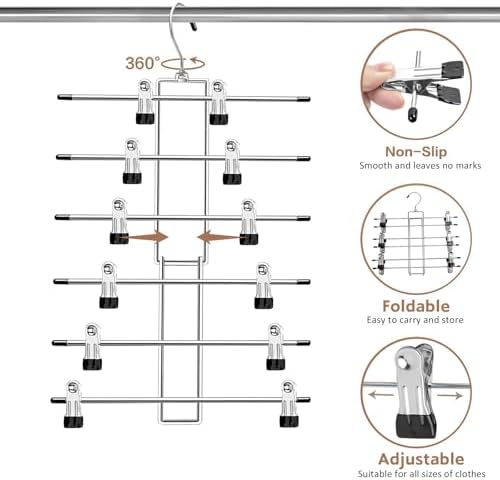 Pants Hangers with Clips,Space Saving Hanging Closet Organizer-6 Tiers Skirt Hangers with 360° Swivel Hook,Closet Organizer-Clothes Hangers - Image 6