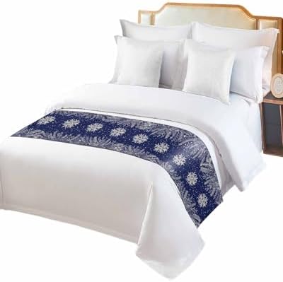 Navy Blue Christmas Bed Runners for Cal King Size Bed, Winter Snowflake Decorative Bed Throws for Foot of Bed, Xmas Botanical Bed Runner Sofa Throw Bedding Scarf Protector Slipcover for Bedroom/Hotel - Image 2