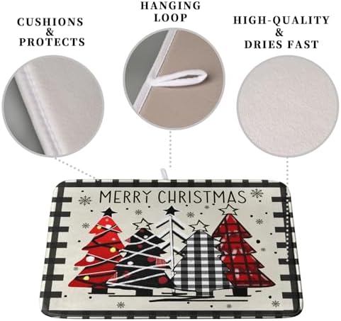 Christmas Trees Kitchen Dish Drying Mat 18x24 Inch Merry Christmas Black White Buffalo Plaid Dish Drainer Mat Absorbent Reversible Microfibe Drying Dish Pad for Winter Kitchen Counter Decor - Image 3