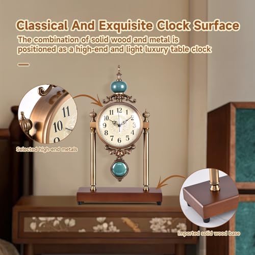 Vintage Table Clock with Turquoise Accents, Silent Non-Ticking, Wood Base and Metal Frame, Decorative Antique Design - Image 2