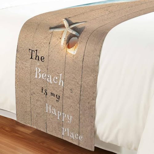 Coastal Ocean Starfish and Shell Sand Bed Runner for Bedroom Hotel - Decorative Bedding Scarf 'The Beach Is My Happy Place' - End Blanket Runner for California King Size, 102x20in - Image 6