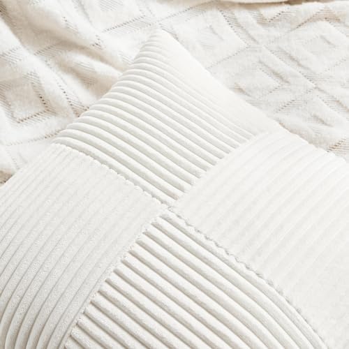 Fancy Homi 2 Packs Cream White Euro Decorative Throw Pillow Covers 28x28 Inch for Couch Bed Sofa, Farmhouse Boho Home Decor, Soft Corss Corduroy Patchwork Textured Square Cushion Case 71x71 cm - Image 3