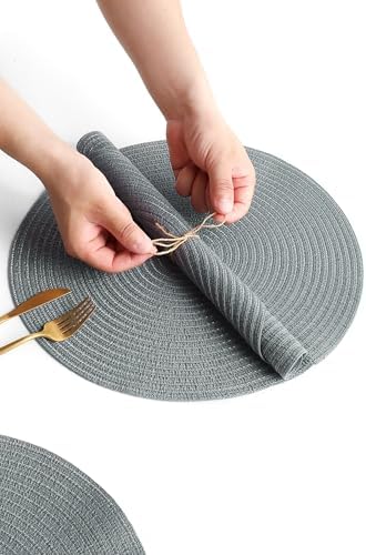 Floroom 15 Inch Round Braided Placemats Set of 4, Washable Heat Resistant Cotton Polyester Circle Place Mats for Kitchen Dining Table - Charcoal Grey - Image 3