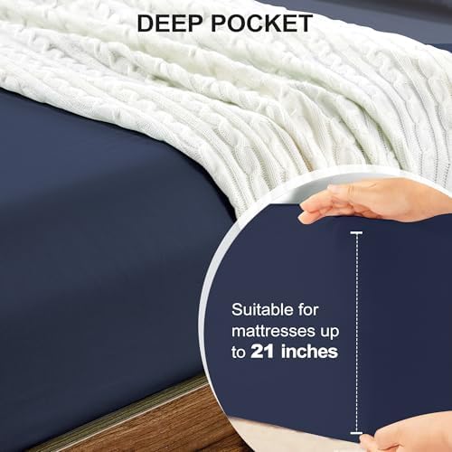 FreshCulture Queen Fitted Sheet Only - Hotel Quality Ultra Soft & Breathable Brushed Microfiber Fitted Sheet with 21 Inch Deep Pockets - Fits Queen Size Bed (Navy Blue) - Image 4