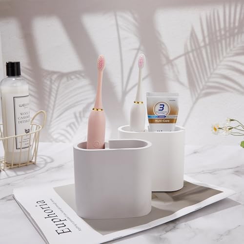 Diatomite Toothbrush Holder for Bathroom Counter, 2-Slot Toothpaste Organizer, Quick Drying Stand for Electric Brush, Grey, 4.37 x 3.9 in - Image 5