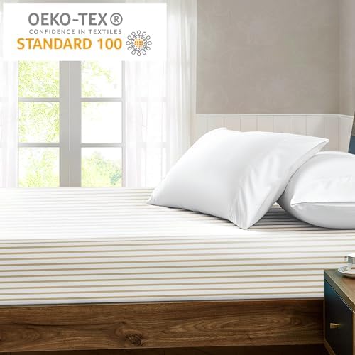 FreshCulture California King Fitted Sheet Only - Hotel Quality Fitted Sheet - Ultra Soft & Breathable - Brushed Microfiber - Deep Pocket - Cooling Fitted Sheets for Cal King Size Bed (Stripe Beige) - Image 6