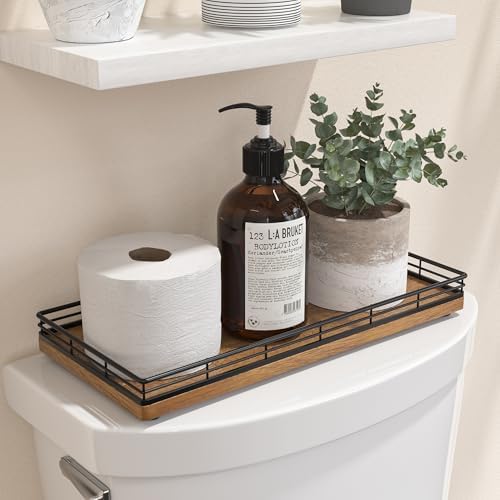 Oak Bathroom Toilet Tank Tray, 13" Wood Back of Toilet Paper Storage Tank Topper Basket, Vanity Tray for Perfume Makeup Candle Toiletry Organizer for Kitchen Coffee Table Walnut Tray Decor by Focusonit