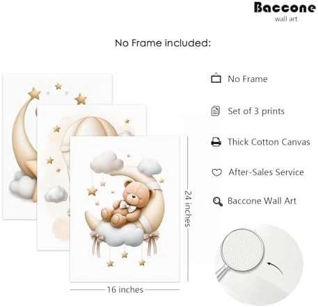 Teddy Bear Nursery Wall Art Decor Baby Boy Girl Room Pictures Bear Nursery Canvas Wall Art Decor Vintage Children's Room Posters Toddler Kids Neutral Artwork for Bedroom Playroom 16x24x3 Unframed - Image 2