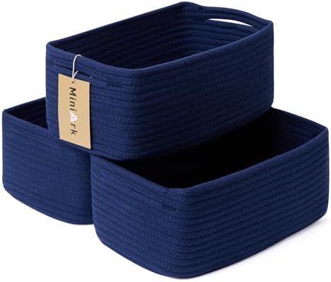 MiniArk Small Storage Baskets for Organizing | Closet Organizer Bins | Shelf Toy Basket | Woven Rope Baskets | Cube Decorative Box | Shallow Basket | 13x8.5x5.1” | 3 Packs Navy Blue by MiniArkStorageBasketsHome