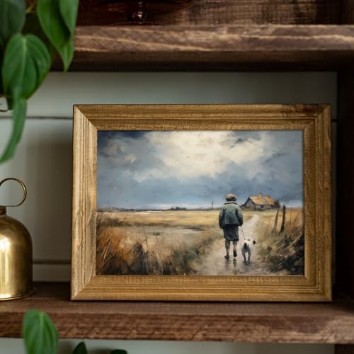 uniro Vintage Fall Landscape Wall Art Boy and Puppy Walking on a Country Lane Retro Autumn Nature Painting Rustic Farmhouse Scenery Prints for Bedroom Bathroom Kitchen Room Decor - 8x10 Unframed - Image 2