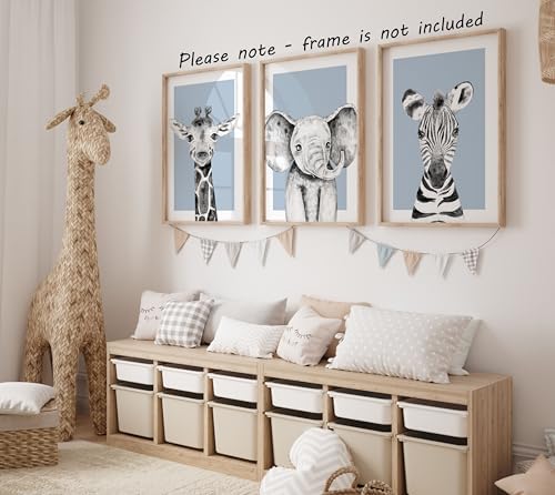 Safari Animals Baby Girl Boy Set of 3 Nursery Unframed Prints, Bedroom Decor Wall Art Posters, Black and White Elephant Giraffe Zebra, Blue Background (11x14) - Image 3