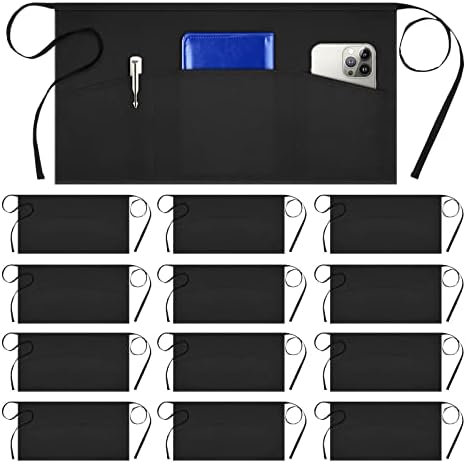 Syntus 12 Pack Server Apron with 3 Pockets for Men Women, Black Waist Apron by Syntus