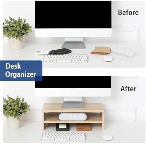 FITUEYES Wooden Monitor Stand Riser, 2-Tier Desk Storage Shelf, Oak - Image 2
