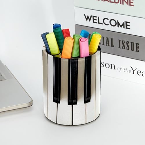 Leather Cylinder Pen Holder & Pencil Organizer - Stylish and Compact Pen Organizer for Desk - Piano Keys Black White - Image 5