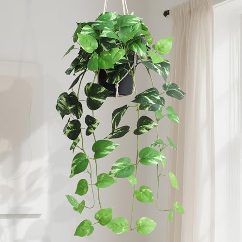 alyptus Fake Pothos Hanging Plants - Artificial Hanging Plant with Pot Realistic Faux Pothos Vines for Indoor Décor, Lush Greenery for Balcony Patio Office, Bathroom - Golden Green by ALYPTUS