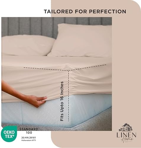 Linen Home 100% Cotton Percale Fitted Sheet only, Full Size, Sand Shell - Image 3
