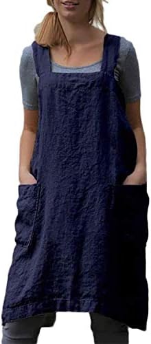 VLZUFE Cotton Linen Apron for women Cross Back Apron Pinafore Dress for Baking Cooking Gardening Work by Unknown