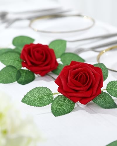 DuHouse 50Pcs Artificial Flowes Foam Roses Real Touch with Stems(Dark Red) - Image 3