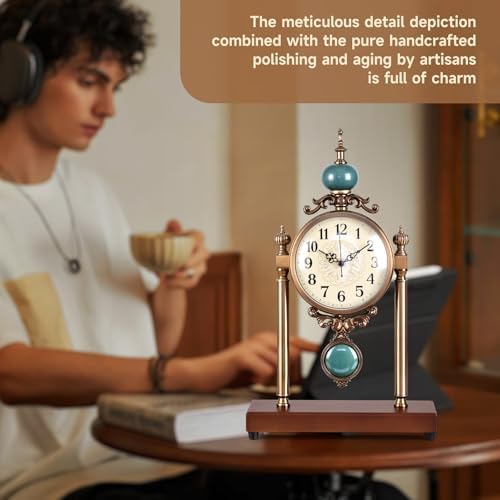 Vintage Table Clock with Turquoise Accents, Silent Non-Ticking, Wood Base and Metal Frame, Decorative Antique Design - Image 4
