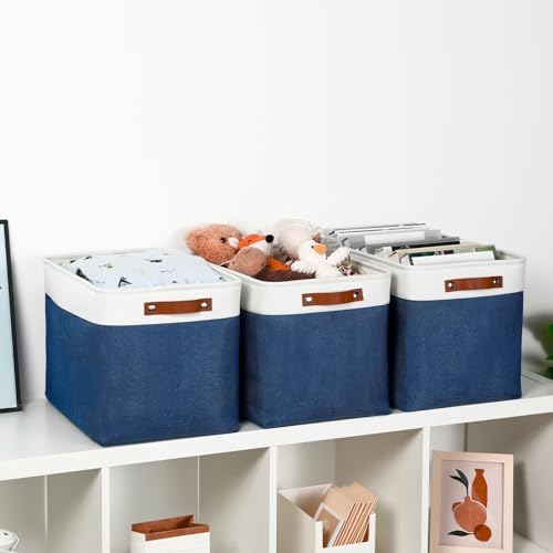 DULLEMELO Large Storage Baskets, Fabric Storage Bins for Organizing Foldable Linen Shelf Baskets for Clothes, Toys, Closet, Laundry (White&Blue,16"x12"x12"-1 Pack) - Image 3