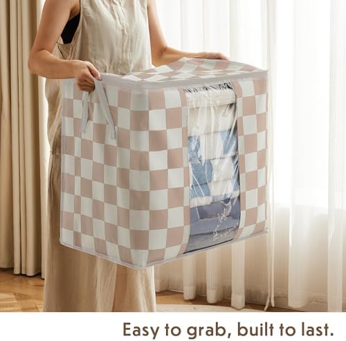 Ohocut Beige Checkered Clothes Storage Bins, 100L Large Blanket Storage Bags 3 Pack, Closet Organizers and Storage Containers for Comforters, Bedding, Foldable Organizer with Handle - Image 5