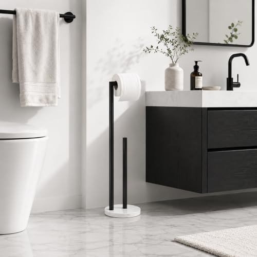 Marble Toilet Paper Holder Stand -Matte Black, Freestanding with Storage, Floor Stand, Silver Toilet Roll Holder, Standing Paper Towel Holder - Image 5