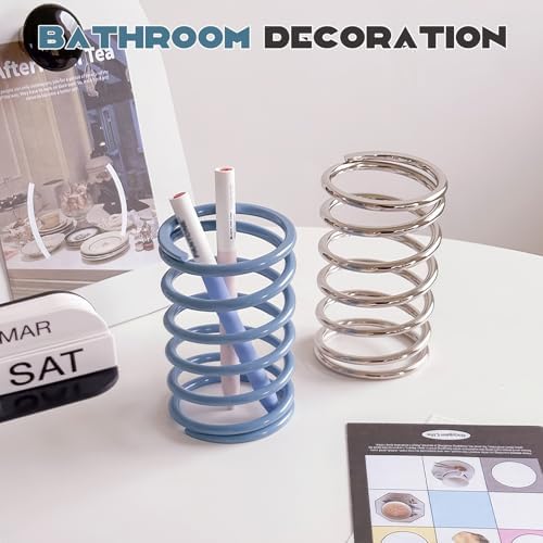 Spring Toothbrush Holder, Stainless Steel Spring Shaped Desktop Toothbrush Holder, Multifunctional Pen Holder Makeup Brush Toothbrush Storage for Bathroom Tabletop Dressing Table and Sink (Blue) - Image 7